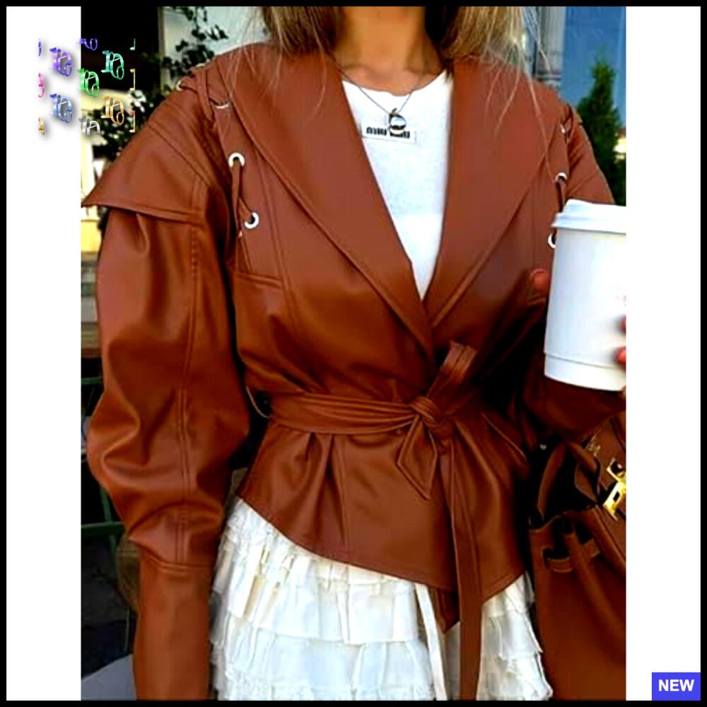 Oversized Faux Leather Jacket Lace Up Belted Motorcycle Bomber Chic Y2K - Picture 2 of 7